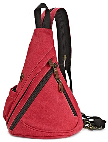 Poeyleja Canvas Sling Bag Crossbody Brusttasche Rucksack Schultertasche Umhängetasche für Radfahren Camping Wandern Reisen Schule für Herren Damen (Rosenrot)