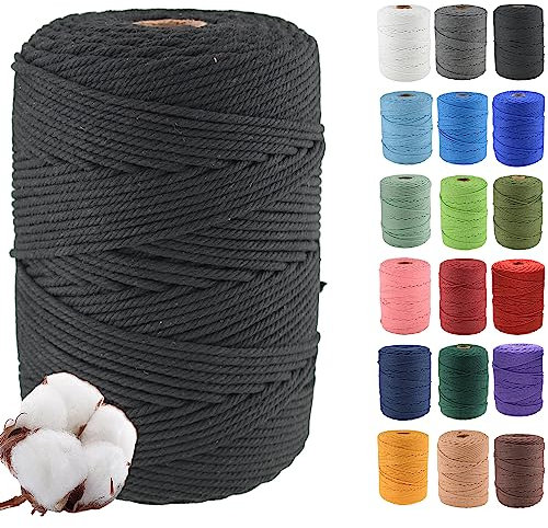 Klhamky 4mmx300m Corda di Cotone Naturale Macramé - Corda di Cotone 100% Naturale a 4 Fili Ritorti per Appendini Fatti a Mano, Fai-da-te, Creazioni Artigianali,nero
