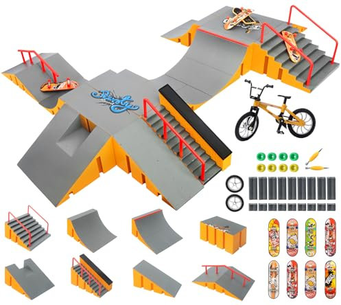 Tlater Mini Finger Skateboard Park Kits, 14-in-1 Finger Skateboard Ramp Set mit 14 Rampen, 8 Fingerboards, 1 Finger Bike, DIY Fingerspielzeug Lernspielzeug Geschenke für Kinder