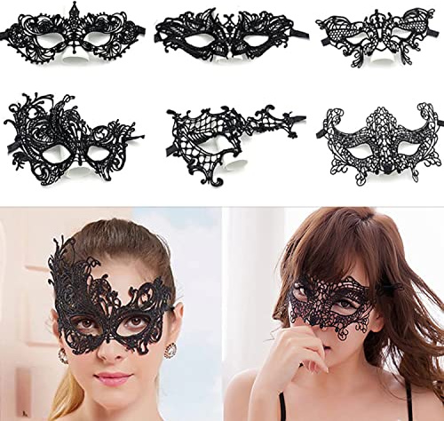 lineno 6 Stück Spitzenmaske Venezianische Maske Luxury Sexy Lace Augenmaske für Fasching Maskerade Masquerade Halloween Karneval Cosplay Party Gothic Gesichtsmaske (Schwarz)
