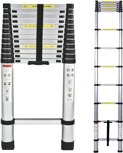 14,5FT tragbare Mehrzweck-Aluminium-Teleskopleiter, 4,4M einziehbare zusammenklappbare Leiter Erweiterung Klettern stabile Leiter, 330lbs maximale Last, Schrittleiter mit rutschfesten Gummifüßen