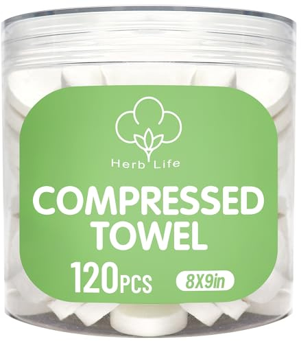 Herb Life 120 Pcs Compressed Towels, Disposable Face Compressed Towel, Mini Compressed Towel, Camping Towel, Portable Compressed Coin Tissue for Travel/Home/Outdoor Activities