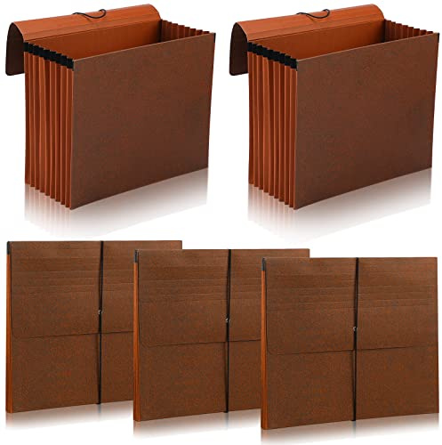 PerKoop 5 Pcs Expanding File Folder with Flap 7 Inch Expansion Expanding File Wallet with Elastic Cord Closure Letter Size Heavy Duty Document Organizer, 10 Slots, Brown