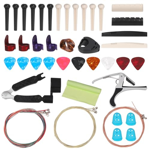 Swpeet 57pcs gitarr tillbehör kit inklusive gitarr plockar och strängar, Capo, sträng cutter, bro stiftar, plocka hållare, gitarrben sadel och mutter, fingertips protetctors för gitarrspelare nybörjar