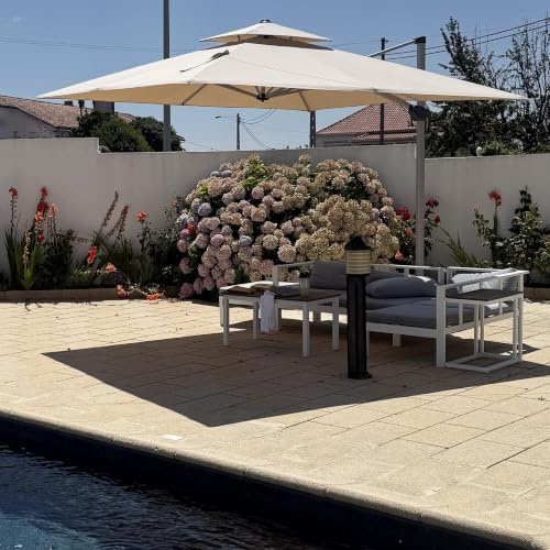 PURPLE LEAF Grand Parasol Déporté 3,3 x 3,3 m Beige avec Pied Toit Double | La double toile réduit la pression jusqu'à 30 %, Toile teinte en fil 240 g/m², Tissu Anti-UV, Mât et baleines en aluminium