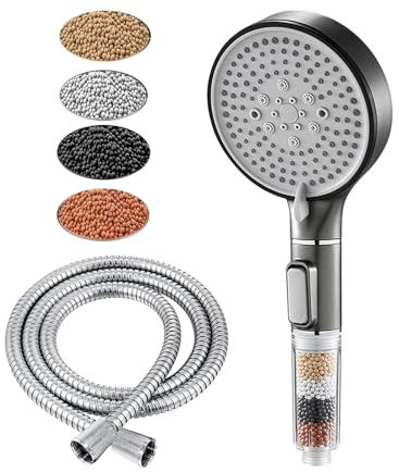 Bokaiya Soffione Doccia e Tubo Flessibile, Tripla Filtrazione, Soffione Doccia Ad Alta Pressione a 5 Modalità, Soffione Doccia Universale con Addolcitore per Acqua Dura (Grigio)