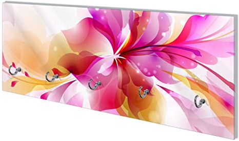 Wallario Wandgarderobe aus Glas in Größe 80 x 30 cm mit Memoboard-Funktion, Motiv: Pinkes Blumenbuket | 5 Kleiderhaken zum Aufhängen von Jacken