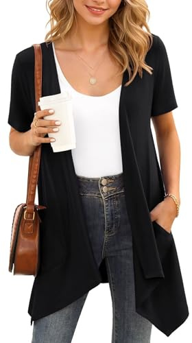 YGJIEGENG Black Women's Summer Cardigan Lightweight Short Sleeve Open Front Kimono Jacket with Pockets Casual Soft Draped Duster Shrug Top 2025,Black,3XL