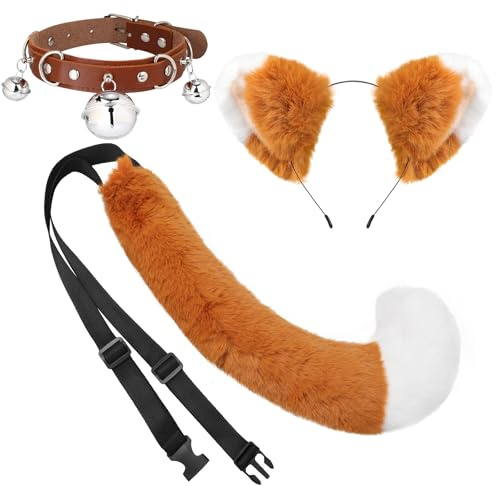 XEPST Katze Cosplay Kostüm Set, Schwanz und Ohren Set Faux Furry Fox Wolf Tail Kit mit Langer Fuchsschwanz und Ohren und Glockenkragen für Kostüm Dressing Parteien, Braun+Weiß