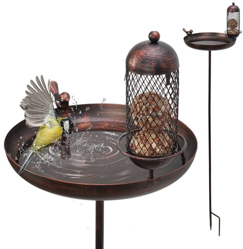 GHIAKQYT Vogeltränke mit vogelfutterspender, Vogelbad Vogelbecken∅25x122cm und Futterspender Futterschale Stehend,Groß Frostsicher Winterfest Wassertränke Futterstationen für Wildvögel