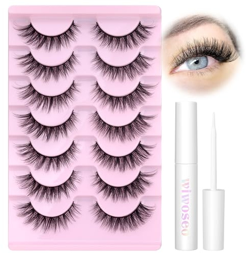 Wispy Lashes Natural Look False Eyelashes with Lash Glue Cat Eye Lashes Kit Lashes Extension with Eyelash Glue Short Lashes Pack, 7 Pairs with Clear Lash Glue by wiwoseo