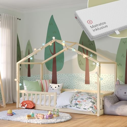 Bellabino Bia Bodenbett 90x200 cm, Natur, mit Matratze, Kiefer Massivholz | Montessori Hausbett mit Rausfallschutz, mit Lattenrost, Kinderbett für Jungen & Mädchen, Bettgestell, Kinderzimmermöbel