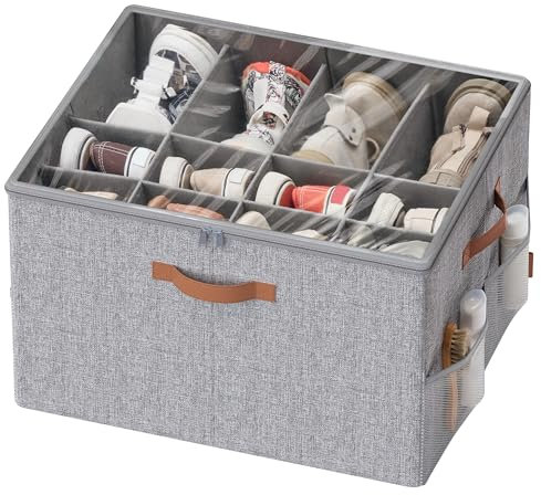 SONGMICS Shoe Organiser Box, Shoe Storage for Wardrobe, Fits 16 Pairs, Container Bin with Handles and Clear Cover, Adjustable Dividers, Customisable, Dove Grey LSP555G01