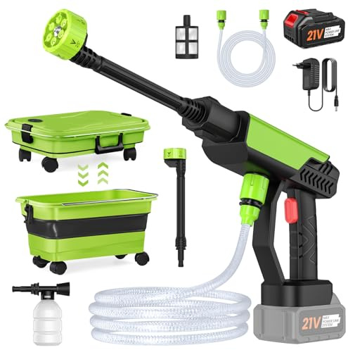 Hidrolimpiadora Bateria, 30 Bar Pistola de Agua a Presión con Depósito Plegable de 22L, Manguera de 2M, Boquilla 6 en 1 y 3,0 Ah Batería, Hidrolimpiadora Portátil para Coche y Jardín