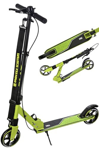 Raven - Monopattino per bambini e adulti - Scooter - Monopattino - Pieghevole, cuscinetti ABEC-9, manubrio regolabile in 4 posizioni - Epic Lime con Freno a Mano, 145 mm