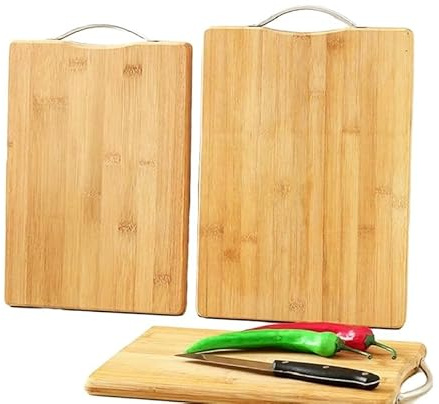 Juego de 2 tablas de cortar de bambú con mango de doble cara disponibles, alimentos crudos y cocinados separados para su uso, antibacterianas, aptas para lavavajillas, cocina