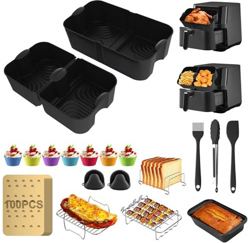 Heißluftfritteusen Zubehör für Ninja AF500EU, 20 Stück Airfryer Zubehör Set für Cosori 10L, Einschließlich 1 x 10,4L & 2 x 5,2L Airfryer Silikon Einsatz, Grillrost, Brotbackform und Kuchenbecher