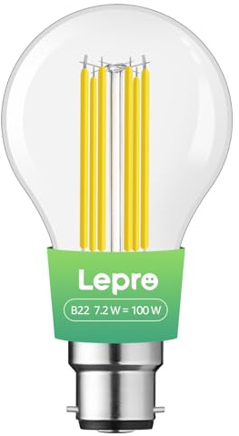 Lepro B22 Bayonet Light Bulb, A-Rated Ultra-efficient LED Bulb, 7.2W = 100W, 1521lm, 2700K Warm White, 50000H Lifespan, Clear Filament, Vintage Glass, Non-dimmable