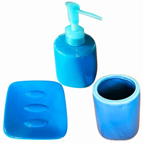 Set Accesorios Baño 3 Piezas Azul | Dispensador de Jabón Líquido, Jabonera y Vaso para Cepillos | Kit Cerámica Moderna para Lavabo | Juego Completo Decoración de Cuarto de Baño | Conjunto Organizador