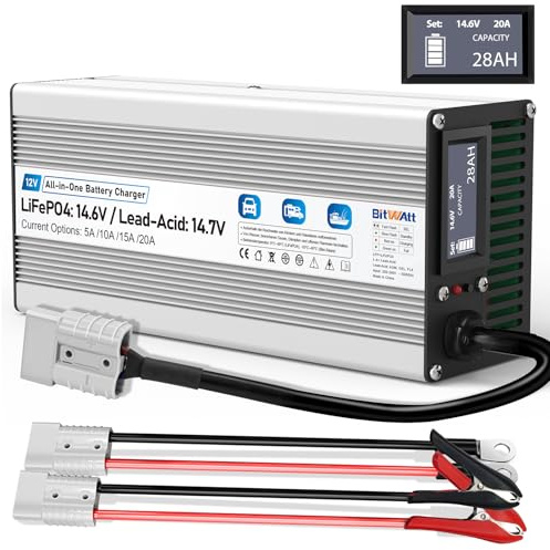 Bitwatt 12V LiFePO4 & AGM All in One Ladegerät, 5A–20A Einstellbar, LiFePO4 14.6V 20A &12V AGM Smart Ladegerät mit LCD Display Lithium Blei Säure Battery Charger Autobatterieladegerät Auto Boot