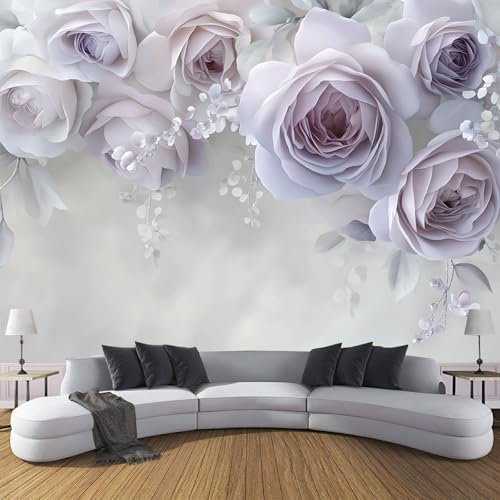 CDXNORA Seidentapeten Hellgrau 150×105 cm Elegante Blumen Tapete Wandtapete Wanddeko Lila Rose Mustertapete Wand Dekoration Wohnzimmer Schlafzimmer Büro Flur