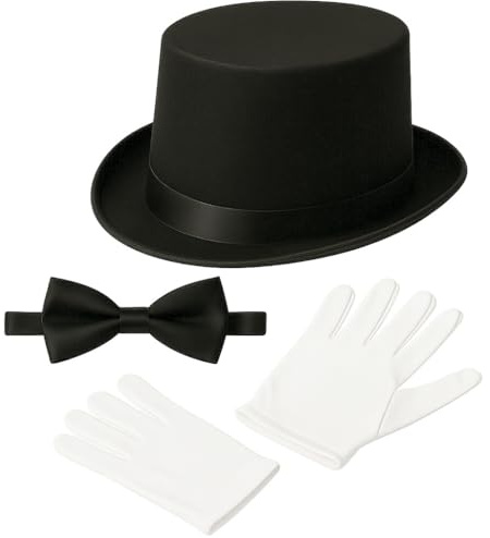 KarnevalsTeufel Kostüm Zubehör Set für Herren – Zylinderhut, weiße Handschuhe, Fliege – für Karneval, Show & Theater – Magier, Butler, Gentleman, Schornsteinfeger