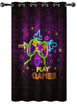 YONGFOTO Gaming Vorhang Jungen Jugendzimmer Neon Retro Gamecontroller Gamepad Fluoreszierend Gamer Verdunkelungsvorhang mit Ösen für Gaming Zimmer Kinderzimmer 1 Stück 107 x 160 cm