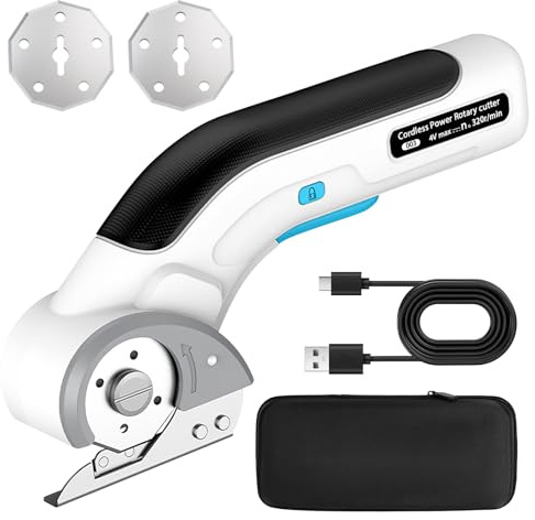 Cordless Electric Scissors, 2000mAh Rechargeable Electric Box Cutter with Safety Lock 2 Cutting Blades, Rotary Cutter Cordless Electric Scissors for Cardboard Fabric Leather Carpet