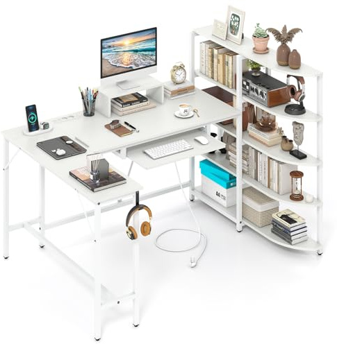 COSTWAY Escritorio Esquinero con Estación de Carga, 160 x 108 cm, Escritorio en l con Estanterias, Soporte para Monitor, Bandeja para Teclado, Mesa en L Oficina Casa (Blanco)