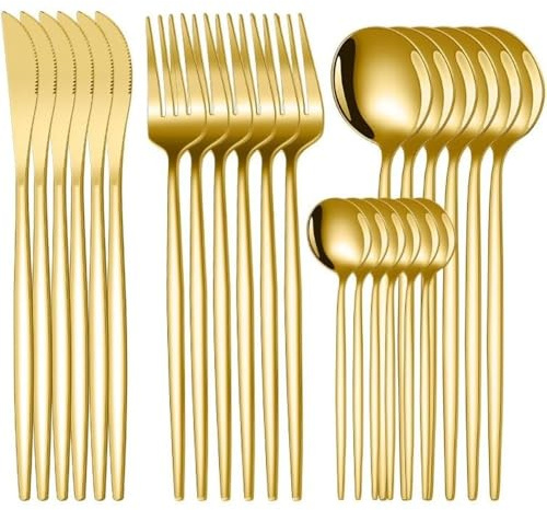 24-Piece Stainless Steel Cutlery Set, Tableware for 6 Place Settings with Mirror Polished Gold Finish, Dishwasher Safe Compact Flatware (700g) (Golden)