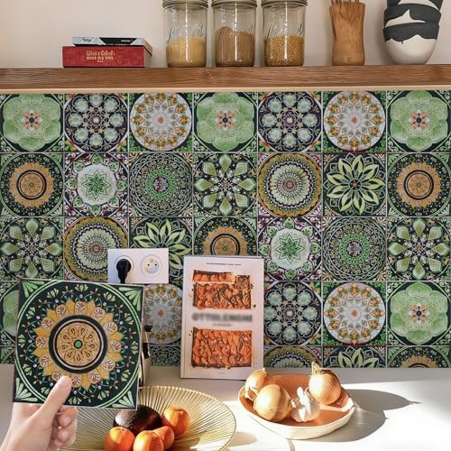 24pcs Green Moroccan Tile Stickers Stick on Tiles for Kitchen Bathroom | 15x15cm Stick on Tiles for Bathroom Splashback Removable Waterproof Victorian Vinyl Peel and Stick Self Adhesive Wall Tiles
