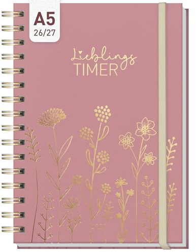 Häfft® Lieblings-Timer Ringbuch-Kalender 26/27 A5 Fine Flowers rosé | 17 Monate Wochenplaner mit schönem Hardcover und Spiralbindung, hübscher Terminkalender von August 26 bis Dezember 27