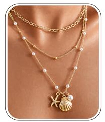 Muschelkette Damen Seesternkette Set 3 Teilig Mit Perlenkette 14K Vergoldet Edelstahl Halskette Wasserfest Non Tarnish Layering Kette Sommer Kette Strandschmuck Urlaubsschmuck Geschenk für Frauen