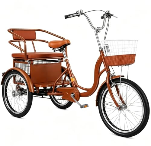 Tricycle cruiser 20 pouces à trois roues pour adultes, avec deux sièges, freins V-Brake, guidon et selle réglables, siège arrière extra large avec panier de rangement, charge maximale de 150 kg