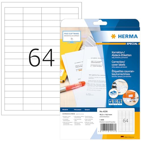 HERMA 4226 Korrekturetiketten blickdicht, 25 Blatt, 48,3 x 16,9 mm, 64 pro A4 Bogen, 1600 Stück, selbstklebend, bedruckbar, matt, blanko Papier Abdeckaufkleber Etiketten, weiß
