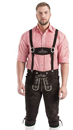 Herren Wildalpen Trachtenlederhose Wiesn - Kniebundlederhose mit Trägern - Trachten Lederhose Herren in Hellbraun, braun oder Dunkelbraun Gr. 46-64 (48, Dunkelbraun)