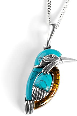 HENRYKA Small Kingfisher Bird Necklace in 925 Silver, Turquoise and Baltic Amber 16.5 Silver Chain with Gift Box