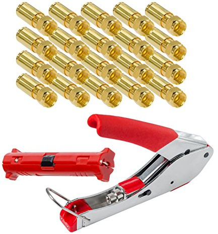 HB Digital 20 Stück Profi Kompressionsstecker vergoldet + Kompressionszange + Abisolierer für SAT Kabel, Koaxialkabel mit Durchmesser Ø 6.8 – 7.2 mm