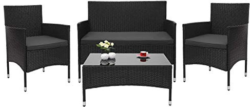 Mendler Poly-Rattan Garnitur HWC-F55 - schwarz, Kissen dunkelgrau | Balkon-/Garten-/Lounge-Set, Sofa, Sitzgruppe