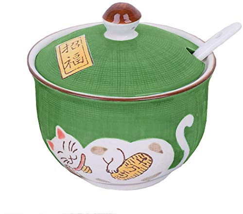 Ceramics - Sucrier japonais en forme de chat porte-bonheur avec couvercle et cuillère