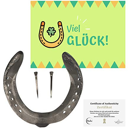 Makai Herradura de caballo auténtica original desgastada con certificado de autenticidad, tarjeta postal para regalar con 2 clavos de pezuña inoxidable y limpiada por Deutsche Hof (plata)