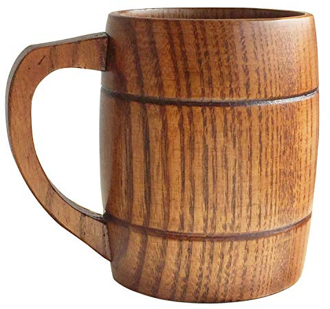 Wooden Beer Mugs,Top Grade Natural Handmade Retro Brown Wood Cup with Handle for Drinking Tea Coffee Wine Beer Hot Drinks,350 ML Wooden Tankard for Men/Women