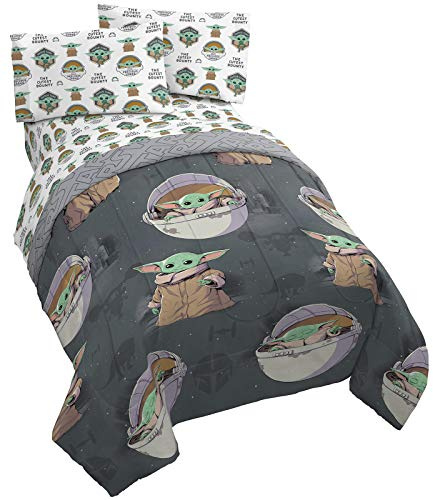 Jay Franco Star Wars The Mandalorian The Child 5 Piece Queen Bed Set - Includes Reversible Comforter & Sheet Set - Bedding Features Baby Yoda - Super Soft Fade Resistant Microfiber Official Product