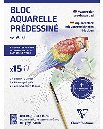 Clairefontaine 975725C Bloc Collé Aquarelle Prédessiné - 15 Feuilles Papier Aquarelle Blanc Grain Fin - 2x 6 Feuilles Prédessinées et 3 Feuilles Vierges - Thème Animaux - 30x40 cm 300g