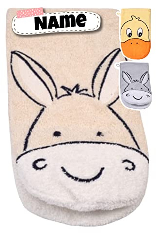 Baby Waschhandschuh personalisiert | Waschlappen Kinder mit Namen bestickt | 100% Baumwolle | Frottee | Baby Geschenke (Esel Natur)