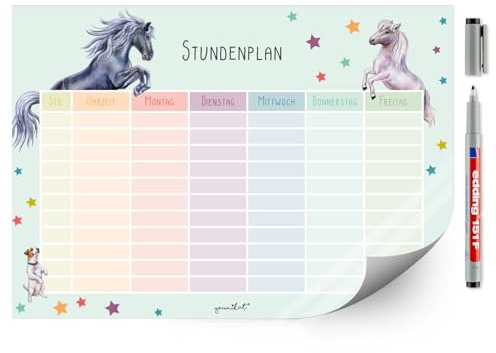 younikat Stundenplan abwischbar selbstklebend Pferd - DIN A4 - dv612 | Wiederbeschreibbar, Digitaldruck, Whiteboard-Oberfläche, selbstklebende Rückseite, zum Schulanfang, inkl. Stift