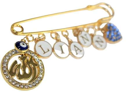 Baby Stecknadel mit Namen Anstecknadel Brosche personalisierte Baby Geschenk Mädchen Junge Glücksbringer Kinderwagen PIN in Gold Allah Blaue Auge & Herzchen