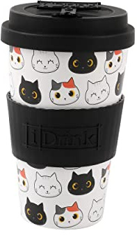 IDRINK®- Tazza in RPET per Caffé con Tappo in Silicone Apribile, Facile da Portare 435 ml, Mug Takeaway Plastica Riciclata 8.7 x 8.7 x 15 cm Ergonomica 435 ml (CATS)