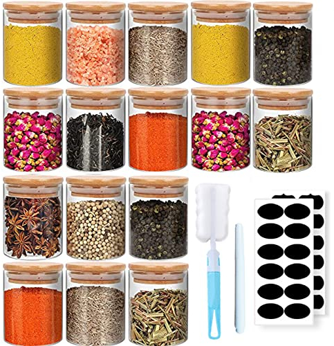 Thokono 300ML Vorratsdosen Glas 16er Set, Vorratsgläser mit deckel Set Gewürzgläser Luftdicht Glasbehälter aus Glasdose, Vorratsdosenset Glas Tee Gewürze Aufbewahrung Küche Ø6.5 * 10cm