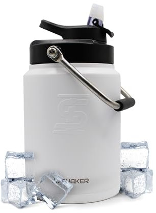 Ice Shaker Insulated Stainless Steel Half Gallon Water Jug | 64 oz, White | Stays Cold for 60+ Hours | Multi-purpose lid | Odor-Free Outdoor Water Jug for Sports, Camping, Hiking, Working Out